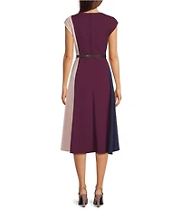 Donna Karan Scuba Crepe Short Sleeve A-Line Belted Midi Dress