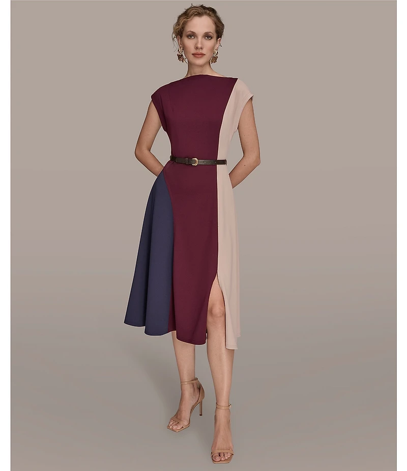 Donna Karan Scuba Crepe Short Sleeve A-Line Belted Midi Dress