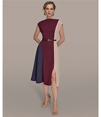 Donna Karan Scuba Crepe Short Sleeve A-Line Belted Midi Dress