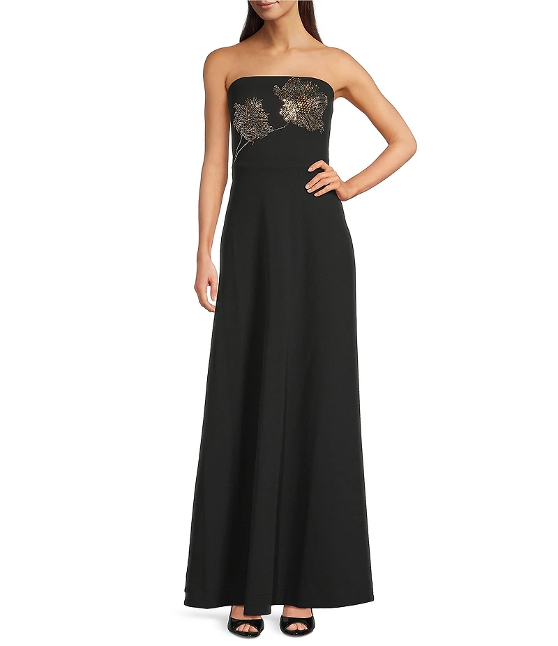 Donna Karan Scuba Crepe Strapless Floral Beaded Sleeveless Gown