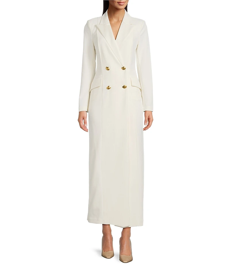 Donna Karan Scuba Crepe Twill And Satin Long Sleeve Notched Collar Button Front Dress