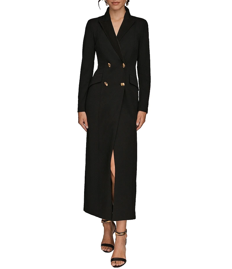 Donna Karan Scuba Crepe Twill And Satin Long Sleeve Notched Collar Button Front Dress