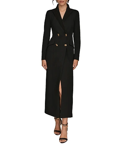 Donna Karan Scuba Crepe Twill And Satin Long Sleeve Notched Collar Button Front Dress