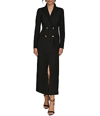 Donna Karan Scuba Crepe Twill And Satin Long Sleeve Notched Collar Button Front Dress