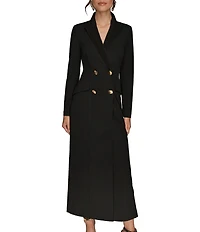 Donna Karan Scuba Crepe Twill And Satin Long Sleeve Notched Collar Button Front Dress