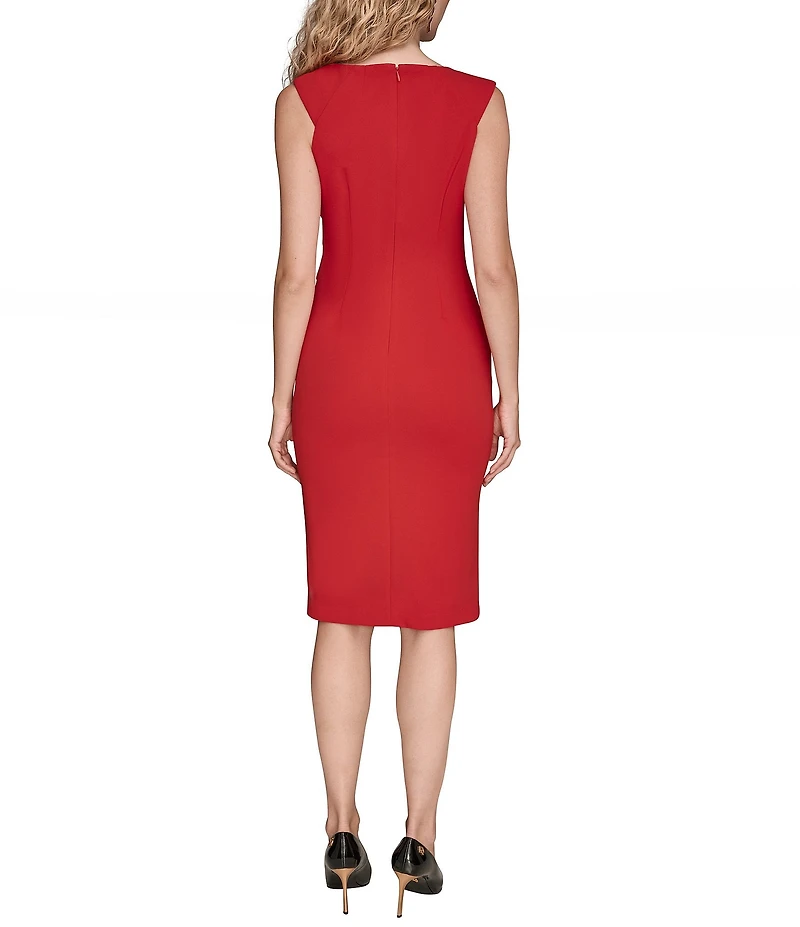 Donna Karan Scuba Crepe Twill Asymmetrical Neck Cap Sleeve Ruched Bodice Midi Dress