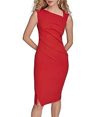 Donna Karan Scuba Crepe Twill Asymmetrical Neck Cap Sleeve Ruched Bodice Midi Dress