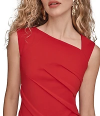 Donna Karan Scuba Crepe Twill Asymmetrical Neck Cap Sleeve Ruched Bodice Midi Dress