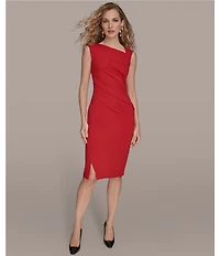 Donna Karan Scuba Crepe Twill Asymmetrical Neck Cap Sleeve Ruched Bodice Midi Dress