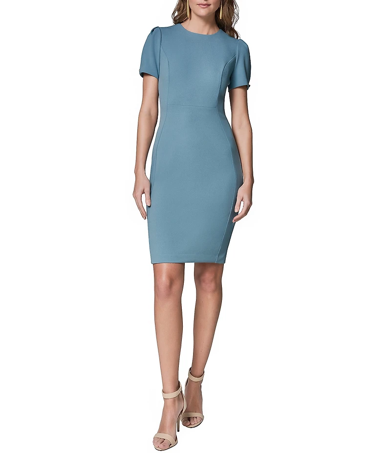 Donna Karan Scuba Crepe Twill Round Neck Short Puff Sleeve Sheath Dress