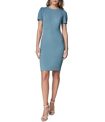Donna Karan Scuba Crepe Twill Round Neck Short Puff Sleeve Sheath Dress