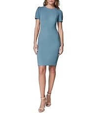 Donna Karan Scuba Crepe Twill Round Neck Short Puff Sleeve Sheath Dress