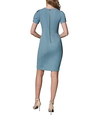 Donna Karan Scuba Crepe Twill Round Neck Short Puff Sleeve Sheath Dress