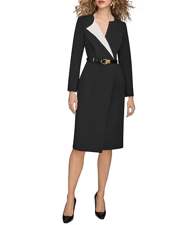 Donna Karan Scuba Crepe Twill V-Neck Long Sleeve Sheath Dress