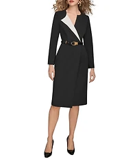 Donna Karan Scuba Crepe Twill V-Neck Long Sleeve Sheath Dress