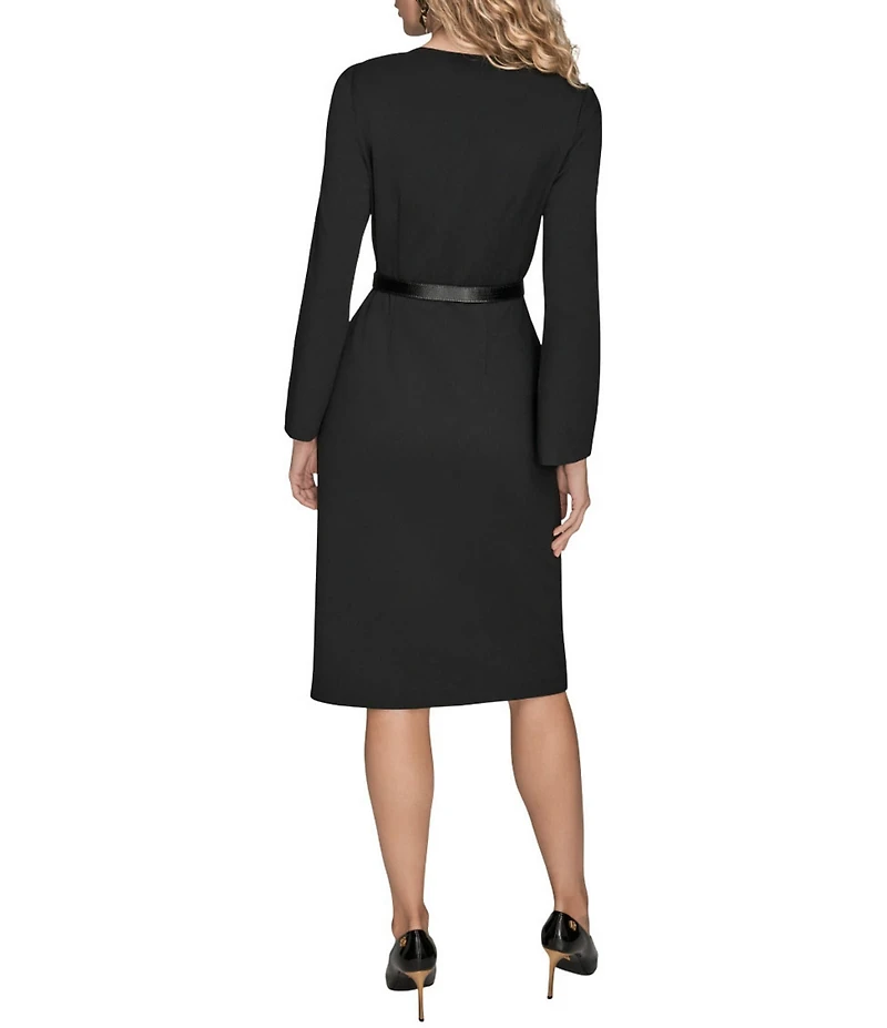 Donna Karan Scuba Crepe Twill V-Neck Long Sleeve Sheath Dress