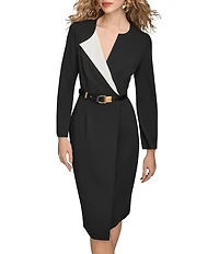 Donna Karan Scuba Crepe Twill V-Neck Long Sleeve Sheath Dress