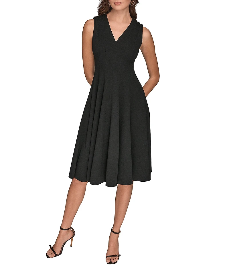 Donna Karan Scuba Crepe V-Neck Sleeveless Midi Dress