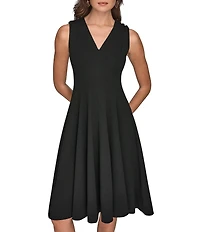 Donna Karan Scuba Crepe V-Neck Sleeveless Midi Dress