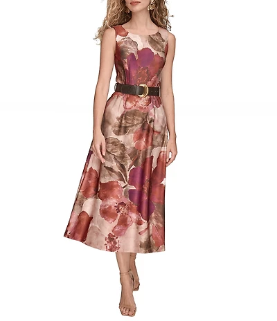 Donna Karan Scuba Floral Print Sleeveless Belted A-line Dress