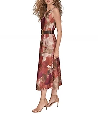 Donna Karan Scuba Floral Print Sleeveless Belted A-line Dress