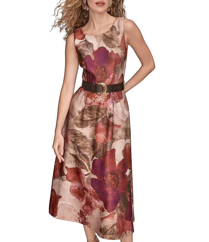Donna Karan Scuba Floral Print Sleeveless Belted A-line Dress