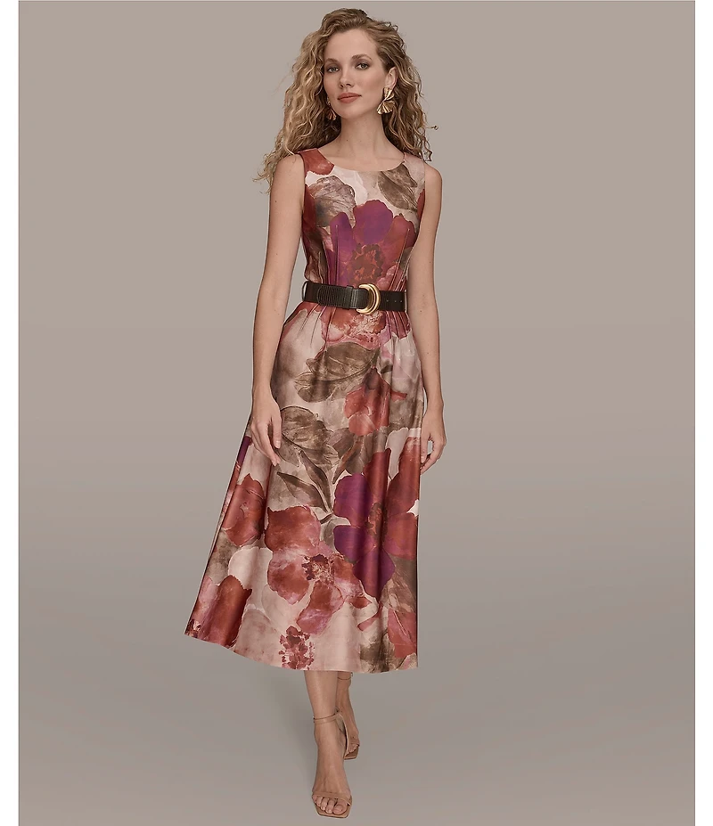 Donna Karan Scuba Floral Print Sleeveless Belted A-line Dress