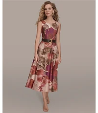 Donna Karan Scuba Floral Print Sleeveless Belted A-line Dress