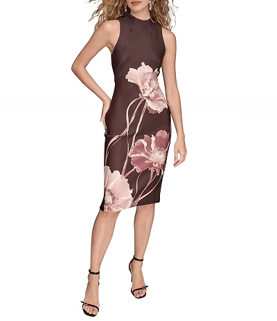 Donna Karan Scuba Floral Print Sleeveless Midi Dress
