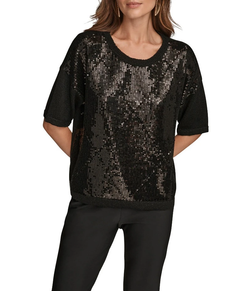 Donna Karan Sequin Diamond Knit Crew Neck Elbow Sleeve Top
