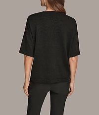 Donna Karan Sequin Diamond Knit Crew Neck Elbow Sleeve Top