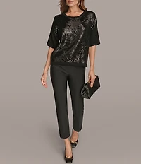 Donna Karan Sequin Diamond Knit Crew Neck Elbow Sleeve Top