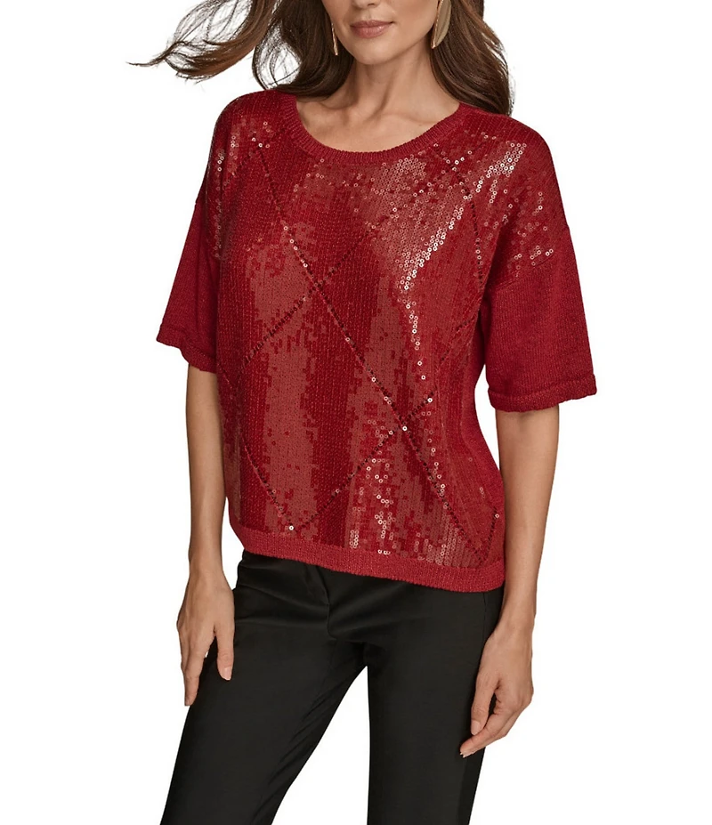 Donna Karan Sequin Diamond Knit Crew Neck Elbow Sleeve Top