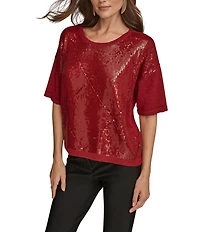 Donna Karan Sequin Diamond Knit Crew Neck Elbow Sleeve Top