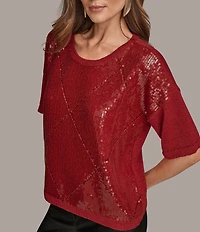 Donna Karan Sequin Diamond Knit Crew Neck Elbow Sleeve Top