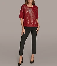 Donna Karan Sequin Diamond Knit Crew Neck Elbow Sleeve Top