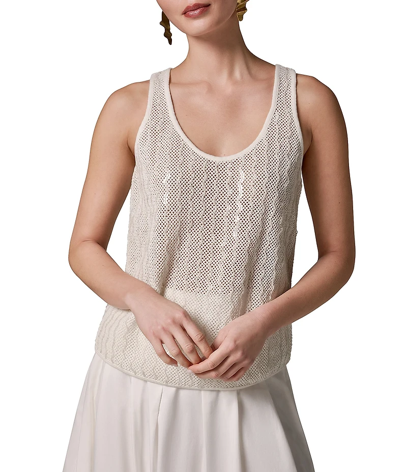 Donna Karan Sequin Embellished Open Knit Scoop Neck Sleeveless Shell