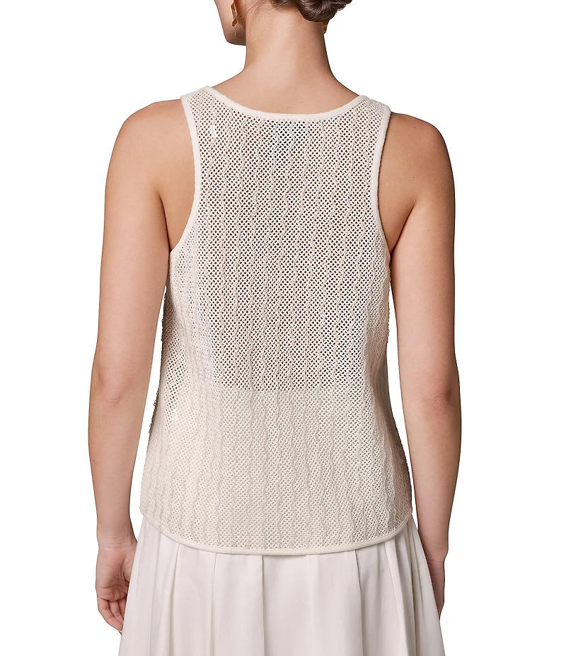 Donna Karan Sequin Embellished Open Knit Scoop Neck Sleeveless Shell