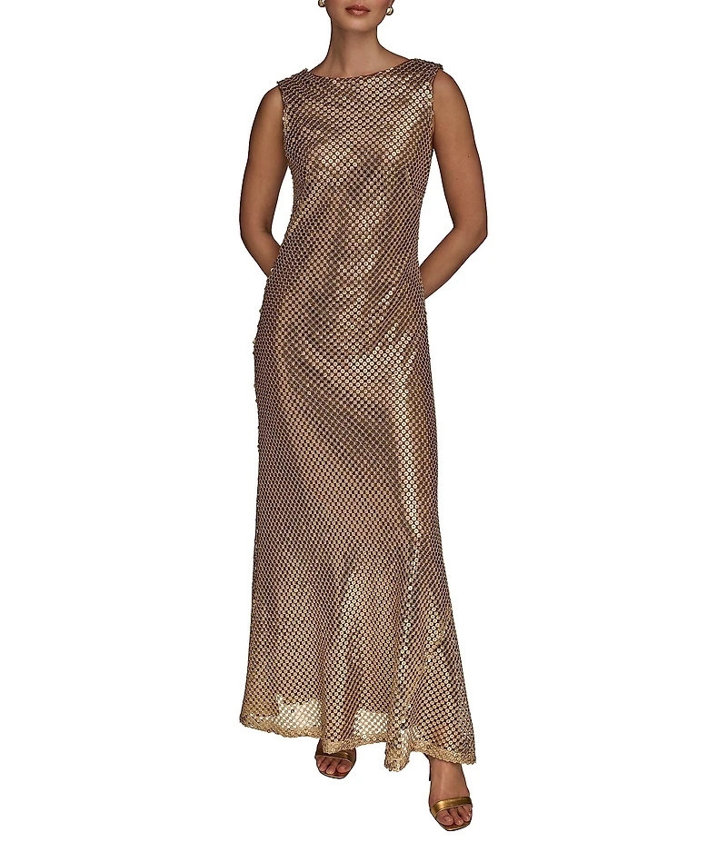 Donna Karan Sequin Mesh Boat Neck Sleeveless Slip Dress
