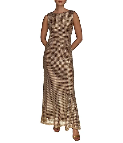 Donna Karan Sequin Mesh Boat Neck Sleeveless Slip Dress