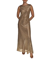 Donna Karan Sequin Mesh Boat Neck Sleeveless Slip Dress