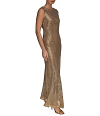 Donna Karan Sequin Mesh Boat Neck Sleeveless Slip Dress