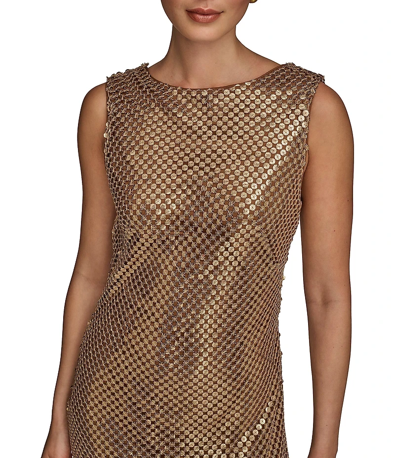 Donna Karan Sequin Mesh Boat Neck Sleeveless Slip Dress