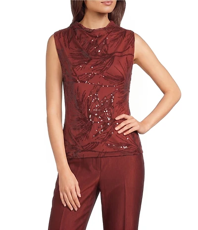 Donna Karan Sequin Mesh Knit Cowl Neck Sleeveless Blouse