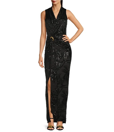 Donna Karan Sequin Mesh V-Neck Sleeveless Faux Wrap Long Dress