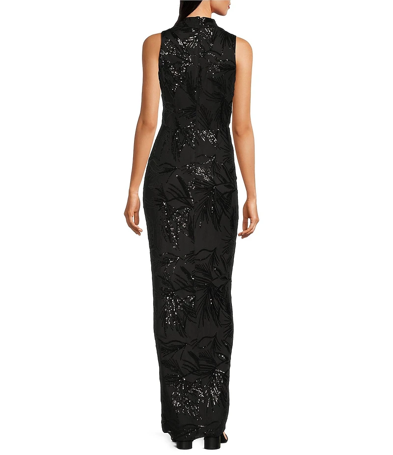Donna Karan Sequin Mesh V-Neck Sleeveless Faux Wrap Long Dress