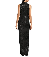 Donna Karan Sequin Mesh V-Neck Sleeveless Faux Wrap Long Dress