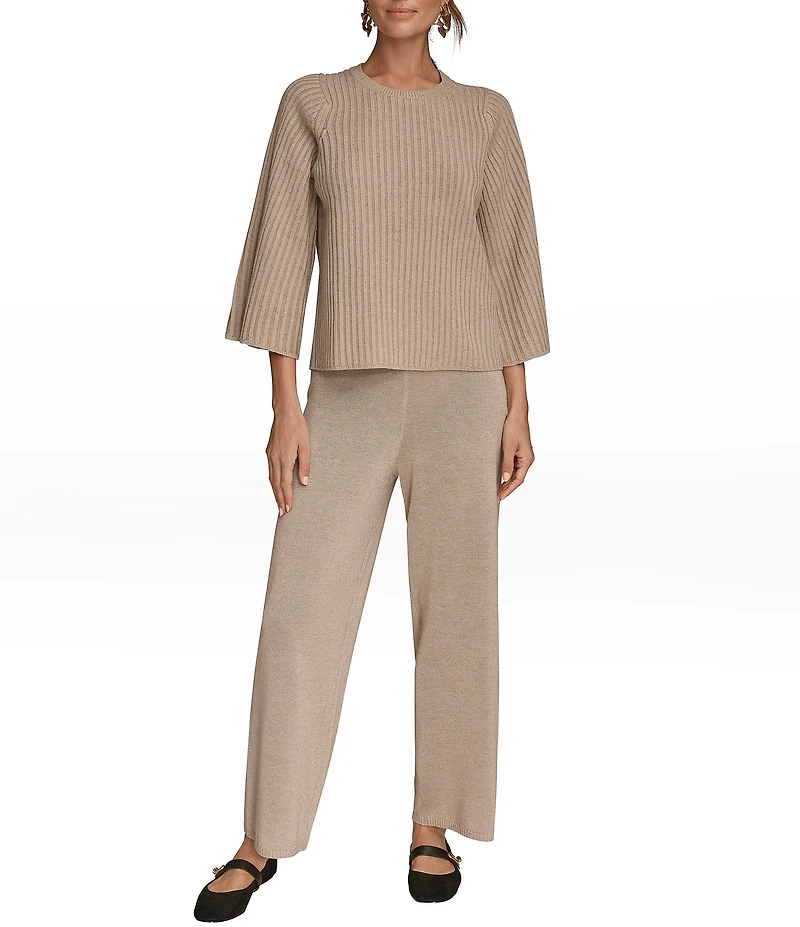 Donna Karan Sequin Ribbed Knit Crew Neck 3/4 Bell Sleeve Top