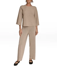 Donna Karan Sequin Ribbed Knit Crew Neck 3/4 Bell Sleeve Top