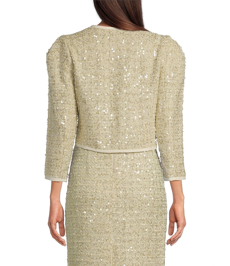 Donna Karan Sequin Tweed Crew Neck 3/4 Sleeve Open Front Coordinating Jacket